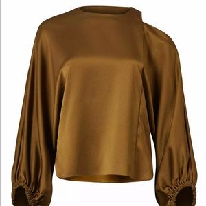 Tibi Women's Blouse Green One Cold Shoulder Satin